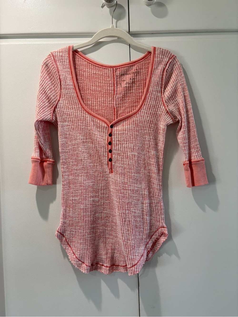 We The Free Pink Short Sleeve Ribbed Henley Top